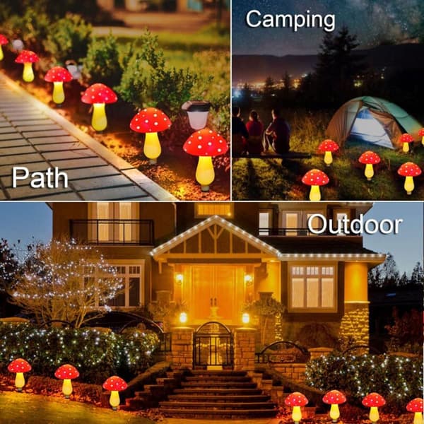 【6 Lights】Solar Powered Red Mushroom LED Warm White Outdoor Lighting Red