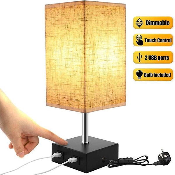Dimbar 2 USB Touch Sänglampa med E27 Glödlampa Beige Tyglampskärm Bordslampa för Sängbord Bar Sovrum Vardagsrum Hotell Café Barnrum Vardagsrum