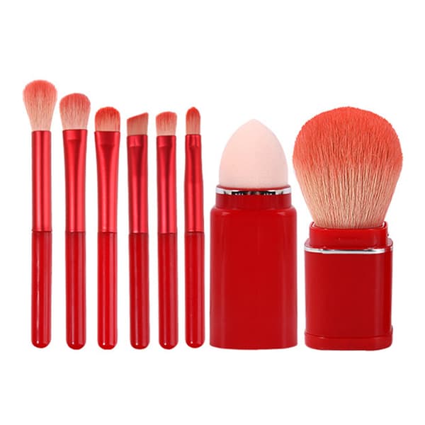 8 stk. makeupbørstesæt, bløde børster, udtrækkelig pudderbørste, mini bærbare makeupbørster til rejser, vinrød