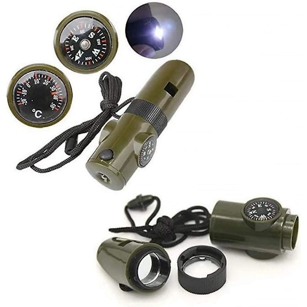 Visselpipa, 7-i-1 Multifunktionell Överlevnadsvisselpipa Nödvändighetsverktyg med Termometer Kompass LED-lampa Förstoringsglas Spegel för Camping Vandring Utomhus (Grön)