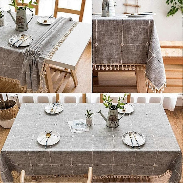 Tvättbar Bordsduk i Bomull och Linne med Toppar Rektangulär Dammtät Bordsduk för Köksdekoration (Grå Rutig, Fyrkantig, 140x140cm, 4 Sittplatser)