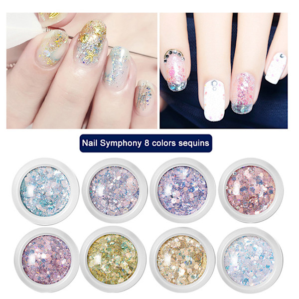 8 lådor/set nagelglitter, paljetter, flingor, glittrande 3D-nagelkonstflingor, nagelglitterdekoration