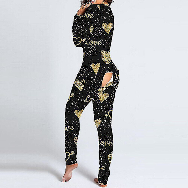 Åben klap sexet dame jumpsuit pyjamas body natdragt M sort guld