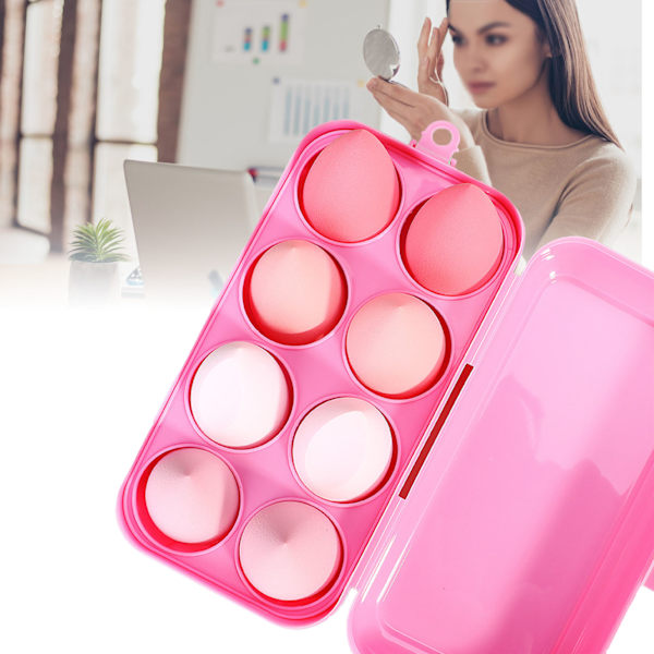 8-delad skönhetssvampset mjuk elastisk hydrofil polyuretan kosmetisk sminkpuff med förvaringslåda rosa