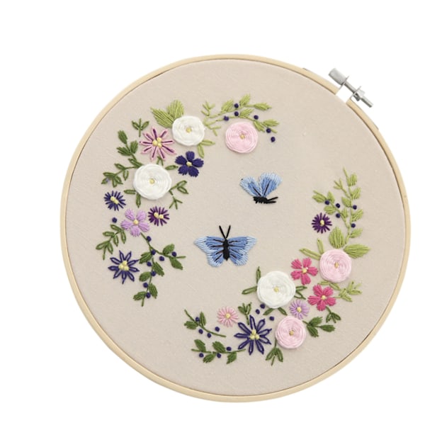 Broderikit Blommigt Stämplat Broderiset DIY Materialväska för Nybörjare Entusiast Fjäril 20cm Bambu Broderiram