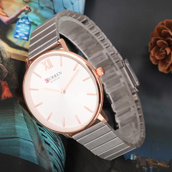 Vanntett legering Klokke Rund Urskive Analog Display Kvinner Kvarts Kvinner Armbåndsur Rose Gold&White