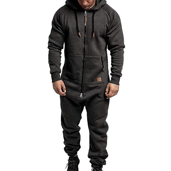 Vinter Casual Herrar Huvtröja Zip-Up Jumpsuit Romper - Mörkgrå XL