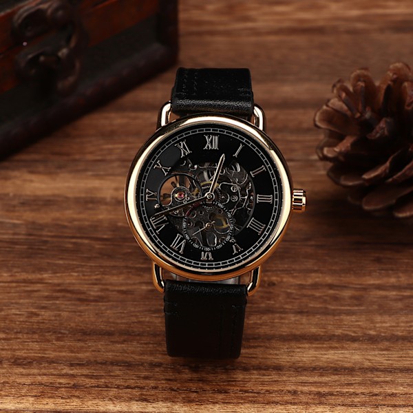 FORSINING Fashionabla watch Mekanisk halvautomatisk herrklocka i ihåligt watch(svart SurfaceGold- case )