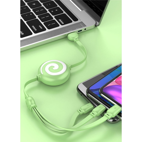 3-i-1 USB-laderkabel Lollipop-form strekkbar hurtigladende telefonkabel for IOS for Android for Huawei Mint Green