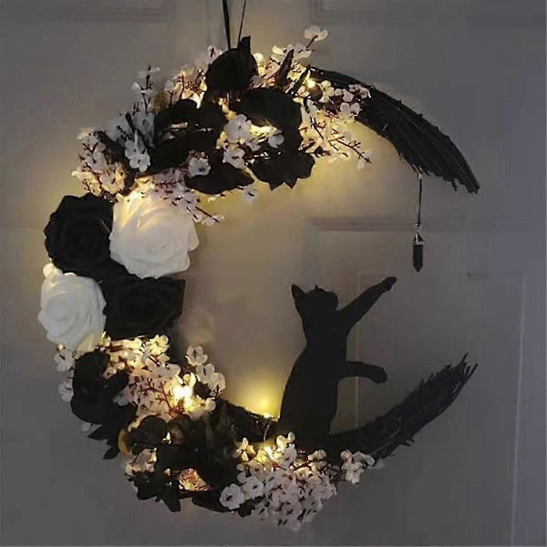 Dörrkrans för ytterdörr, Halloween-dörrkrans, Blomma Måne Katt Halloween Heminredning, Hemdekorationskrans