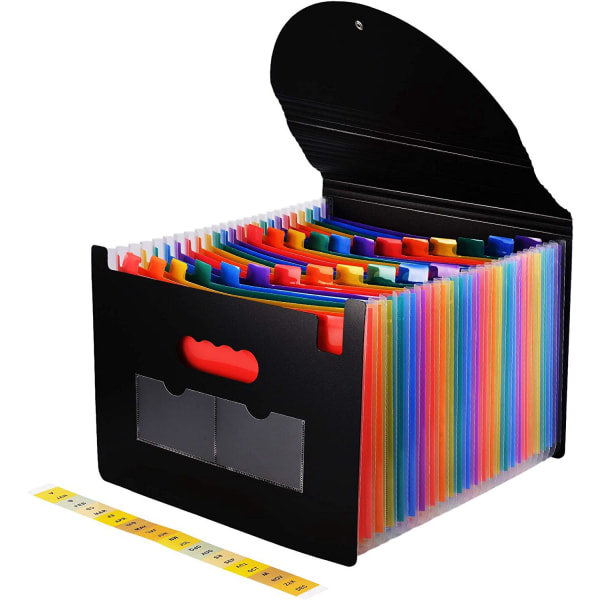 (Rainbow) A4-dokumentsortering, harmonikabinder med 24 rum, skrivebordsorganisator i plast, der kan udvides med låg