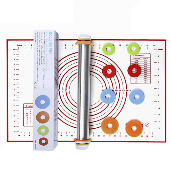 Justerbar Rullekæde med Tykkelsesringe og Non-Stick Silikon Bagemåtte Combo Kit