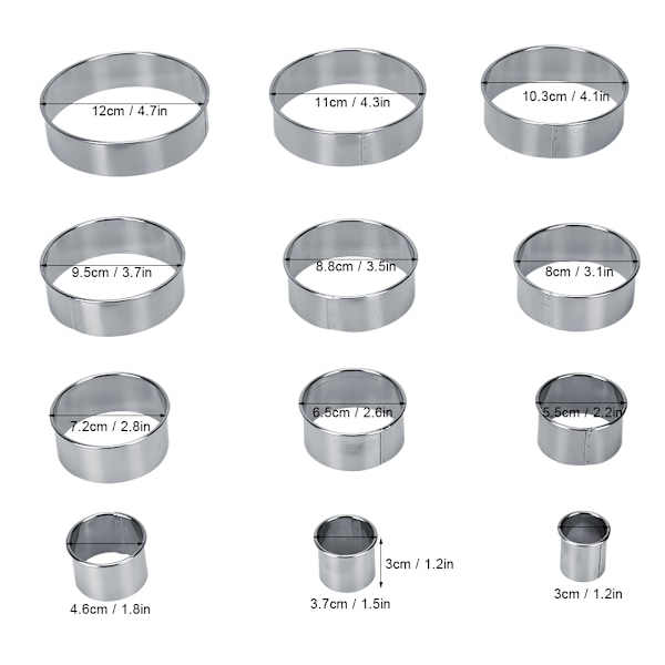 12 stk bærbar rund kakeform i rustfritt stål for moussekake, kakeform, konditortilbehør, 12 stk sett