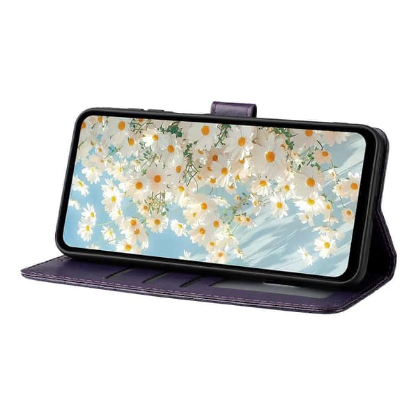 Leather Case with Embossed Daisy Pattern, Wallet Stand, Protective Phone Cover for Samsung Galaxy A56 5G Dark Purple