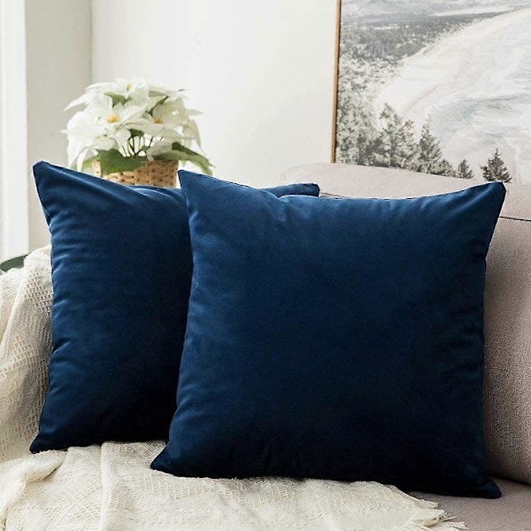 Dekorative Velour Pudebetræk 45cm x 45cm/Firkantede Pyntepudebetræk til Sofa Soveværelse med Usynlig Lynlås 18x18 Tommer Marineblå Sæt med 2