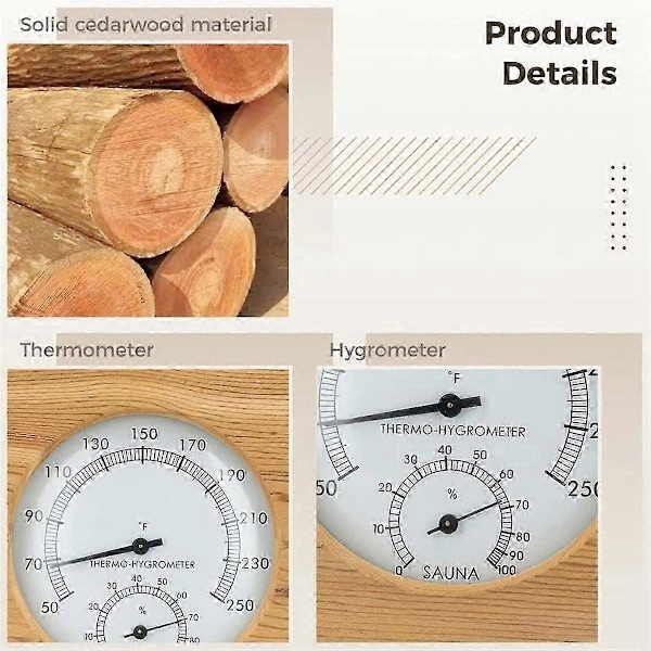 Sauna Hygrotermograf i tre, Sauna Termometer og Hygrometer, Innendørs Fuktighetstemperaturmåling Saunarom