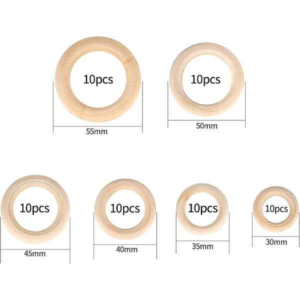 Naturtre-ringer sett med 60 stykker Ubehandlet Håndverksirkler for DIY Smykkedekorasjon 3 til 5,5 cm