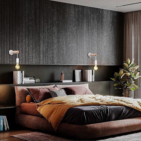 Væglampe, industrielt retro design, træ & metal, stue & soveværelsesbelysning, E27 fatning, til LED pære 10W max, hvid