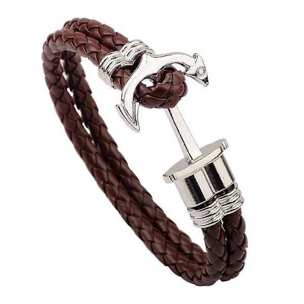 2 st. Armband för män i veganskt läder med ankare och silverfärgad rostfritt stål