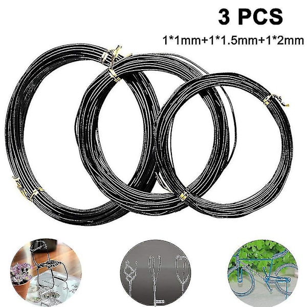 3-pack Bonsai Tråd Bonsai Träd Träningstrådar Anodiserad Aluminium Hantverk DIY Trådar Band För Hantverk Tillverkning, storlek 1,0 mm/1,5 mm/2,0 mm Svart