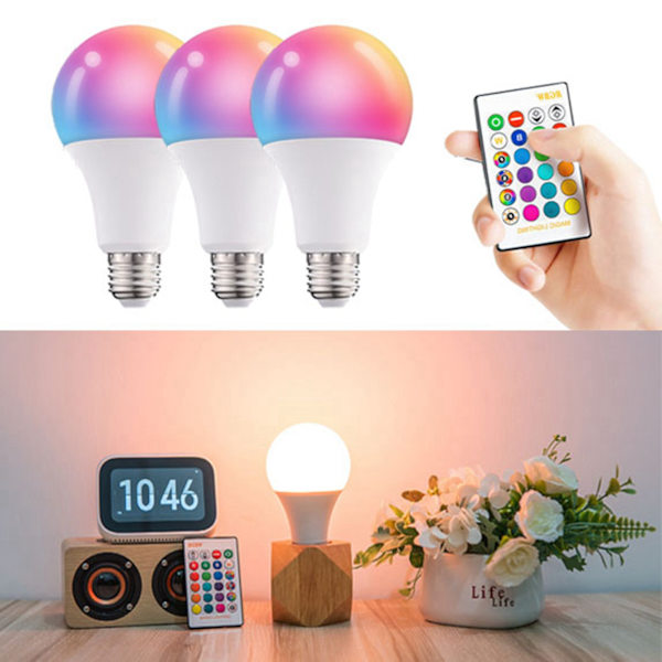 3 stk LED-pærer med fjernkontroll RGB LED-fargeskiftende pære for kjøkken stue