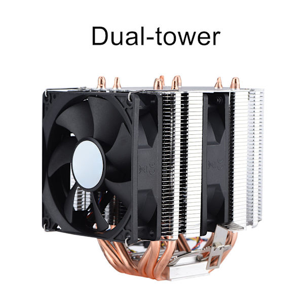 Tyst 4-stifts CPU-kylare med 6 värmerör, dubbeltorns luftkylning, 800-2200 varv/minut