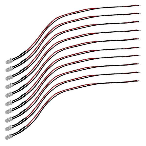10 kpl 5 mm valmiiksi johdotettuja diffuuseja LED-diodeja, valo 20 mA DC 3-6 V valkoinen