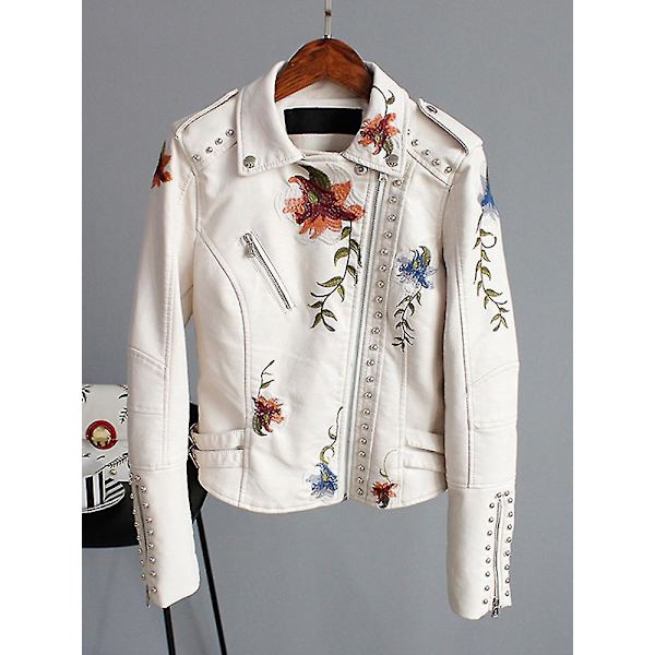 Blomstermønstret brodert motorsykkeljakke i imitert skinn for kvinner S Beige