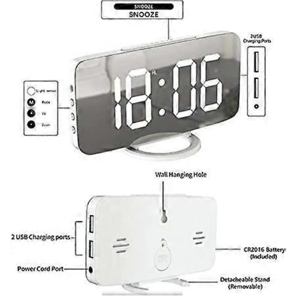 (Vit) Digital Väckarklocka, Stor Spegelvänd LED-Klocka, Snooze, Dim Nattlampa 2 USB-Laddningsportar Skrivbordsväckarklockor för Sovrumsinredning