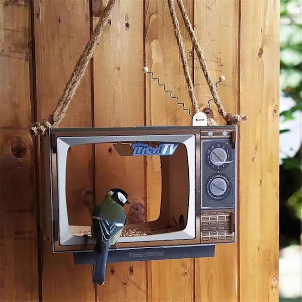 Fuglefoderautomater til udendørs ophængning, Træfuglefoderautomat med TV-formet fuglefoderautomat, Havdekoration, Gave til fugleelskere