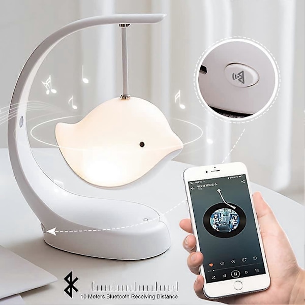 Børne Natlampe med Bluetooth-højtaler, 7 Fuglefarver, Genopladelig Touch Sengelampe og Trinløs Dæmpning - Velegnet til Børneværelse, Stue