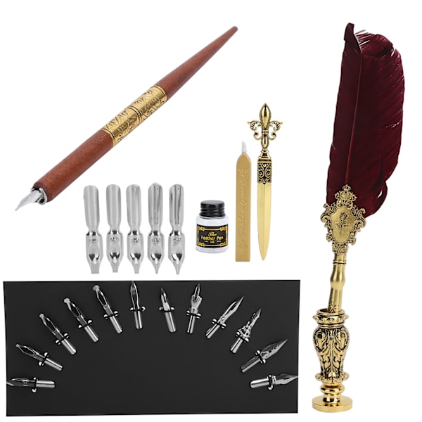 Fjäderpenna Set Kalligrafi Skrivning Ritning Quill Dip Kit Vintage Art Craft CollectionSP248006R Vinröd