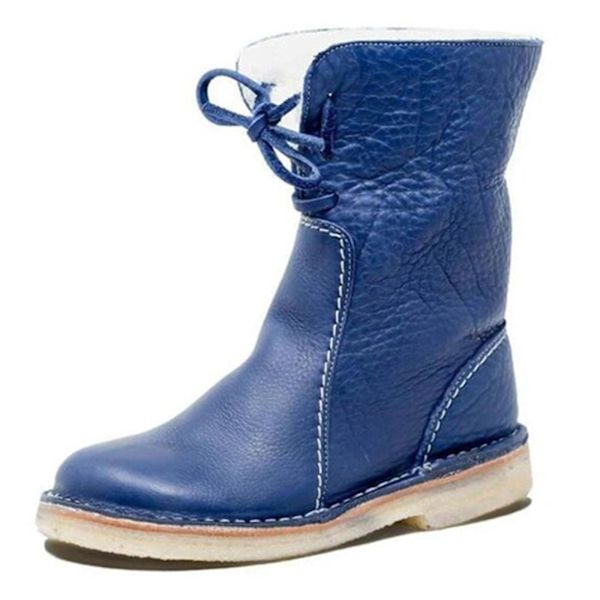 Blå snöboots för kvinnor med fleecefoder, snörning och låg klack, vinterskor