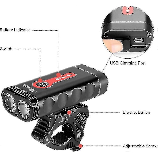 Sykkellys, Kraftig 2400 Lumen, 4400mah, Sykkellys Frontlys USB Oppladbar LED Frontlykt Lampe, 4 Lysmoduser, Vanntett IP65 For Camping