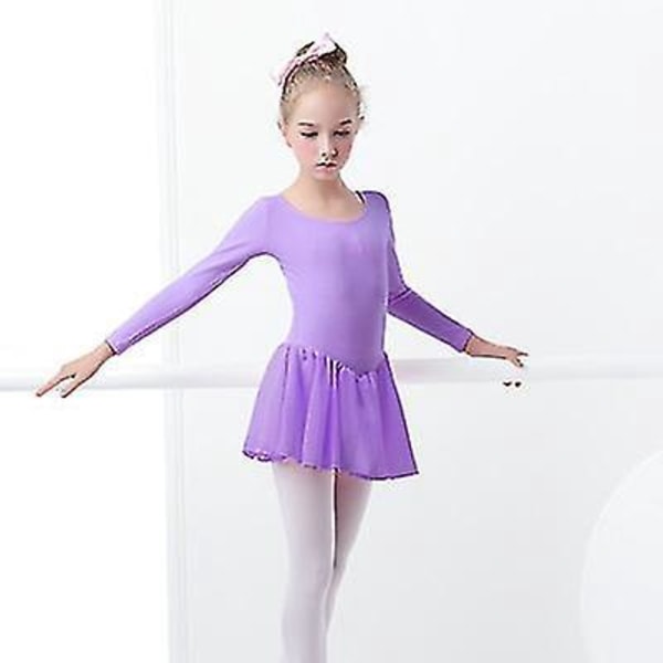 Girls' Short Sleeve Ballet Dance Leotards with Chiffon Skirts and Bowknots Height 110-120cm Lavender Long Sleeve