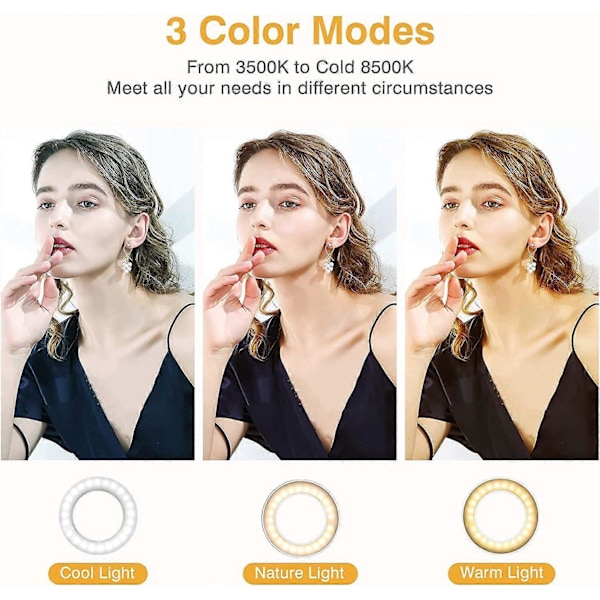 Clip-on Ring Light, Genopladelig 60 LED Selfie Ring Light til Telefon, Laptop, Tablet (3 Modeller, 5 Lysstyrkeniveauer)