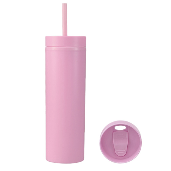 16oz plastglas med lock och sugrör Frostade matta plastmuggar för utomhussporter 1767 Rosa