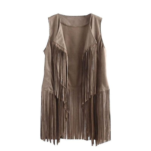 Fringe-prydd kofta i konstläder, ärmlös, hippiestil - XL Beige
