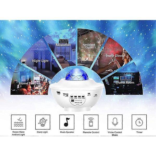 Bluetooth Stjerne LED Projektor Lampe med Sky Simulation og 12 Musikmuligheder