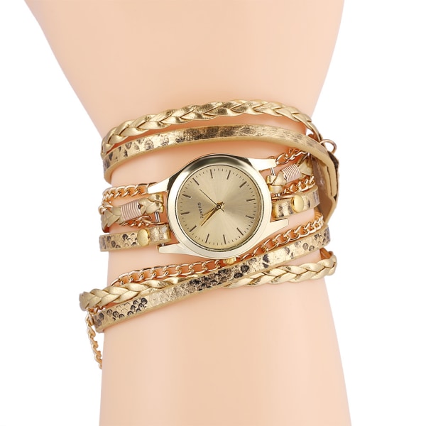 Kvinnor Braid Weave Armband Quartz Analog Rund Watch Armbandsur (Guld)