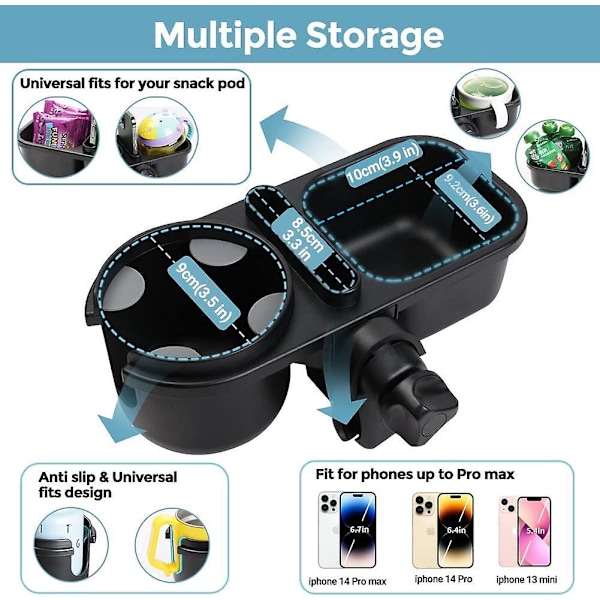 Universal 3-i-1 barnevogn koppholder med telefonholder og snacksbrett