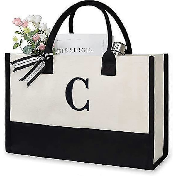 Personlig Strandtaske i Canvas med Initialer - Monogrammeret Tote Bag til Kvinder B