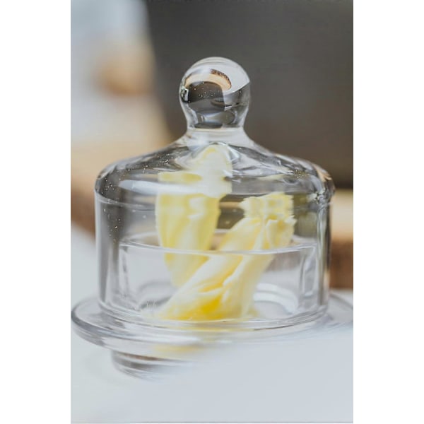 Smörask i glas, liten klockformad behållare med lock för servering av smör, pålägg, ost, pastej och tapenader, 9 x 9,5 cm, klart glas