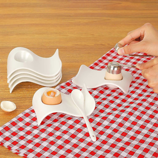 Eggeglass Sett med 4, Keramisk Eggeholder + Kokt Eggkutter, Hvit Eggeglassdekor for Frokost og Brunch