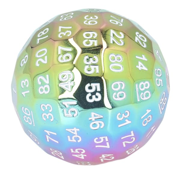 100-sidet polyhedral terning i metal, 5 cm diameter, letlæselig med fløjlspose til over 14 år, pletteringsfarve