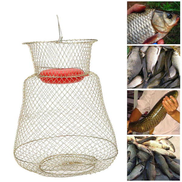 Rustfritt stål sammenleggbar rund bærbar fiskerekekurv Fiskenettbur med flytende bolleDiameter 33 cm(S)