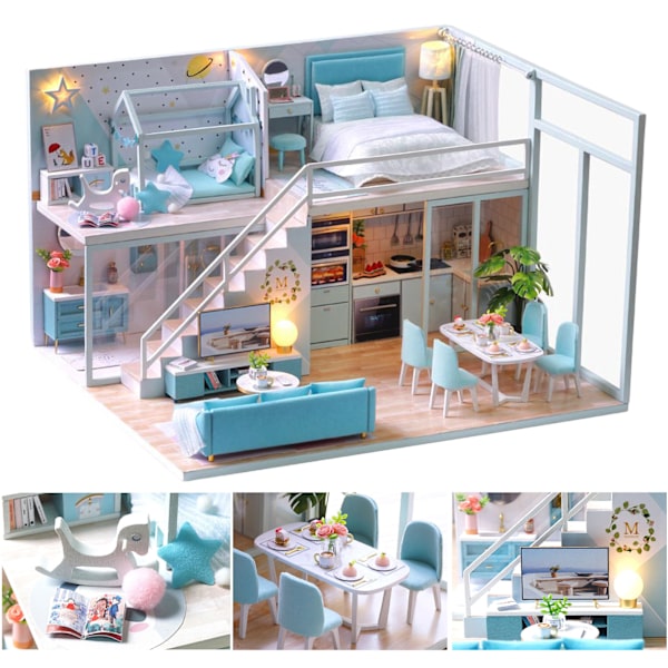 DIY Miniatyrdockhusmodell Set Handgjord Hantverk Loft Lägenhet med LED-ljus Dekoration L‑028 Poetiskt Liv