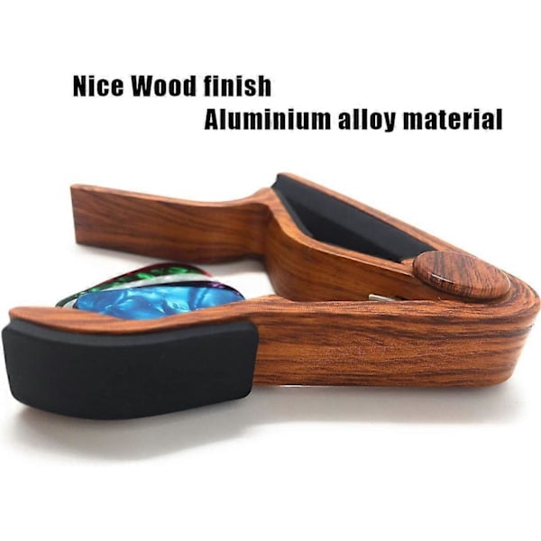 Gitarrkapo med 5 Plektrum Träfärg-75*80mm, Legering Gitarrkapo för 6-strängad Folkgitarr, El- och Akustisk Gitarr Ukulele, Mandolin och Banjo