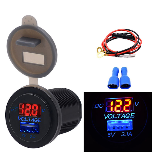 USB-portar Billaddare Spänningsdisplay Voltmeter Fordonseffekt IP66 Vattentät 2.1ARöd DC12-24V