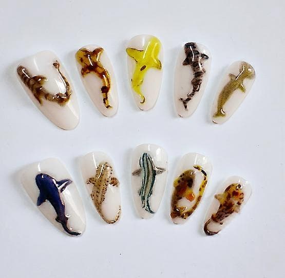 All Match Fake Nails with Fish Decor with Zero Pressure on Nail Bed Design XS